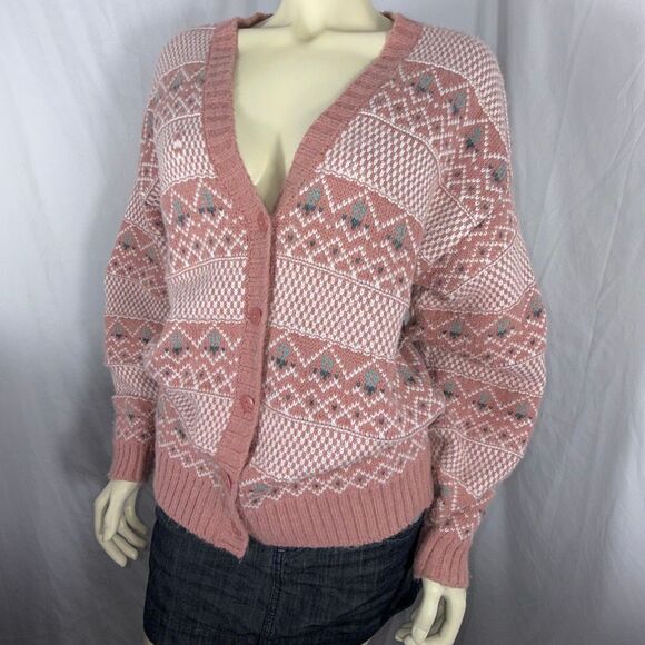 Vintage Gina Peters Knit Cardigan Sweater Pink Fair Isle Geometric Knit Made in - Picture 4 of 16